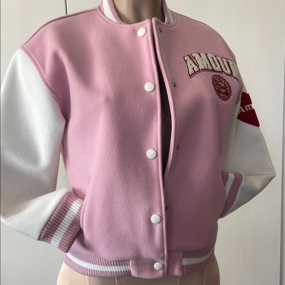 FOREVER 21 Amour Pink and White  w pockets, Girls Varsity Sz 11/12” JACKET